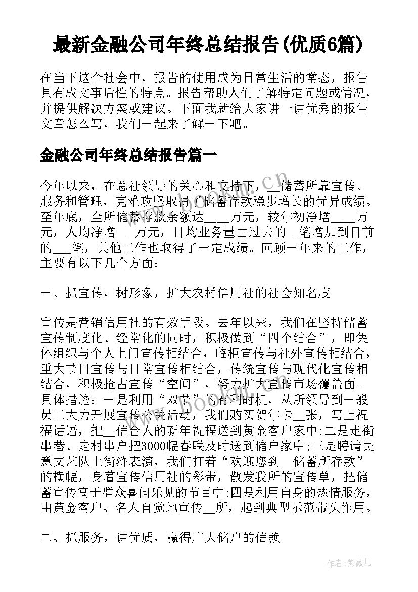 最新金融公司年终总结报告(优质6篇)