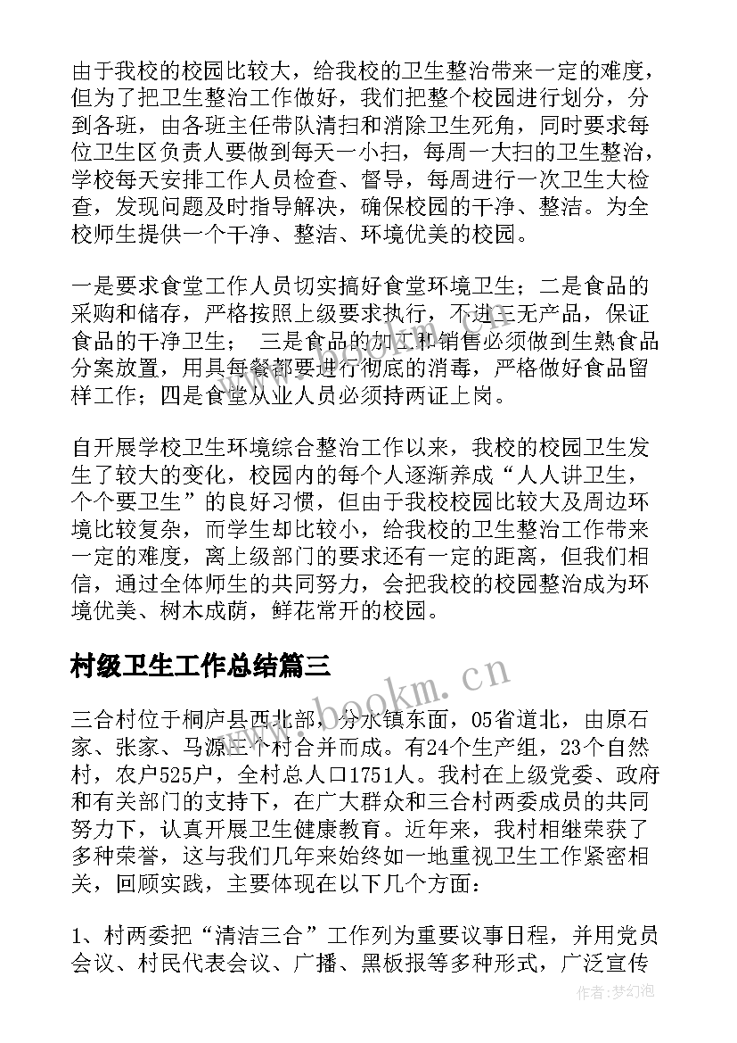 最新村级卫生工作总结 卫生工作总结(精选10篇)