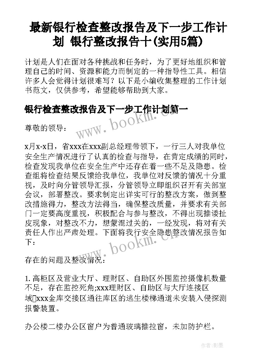 最新银行检查整改报告及下一步工作计划 银行整改报告十(实用5篇)