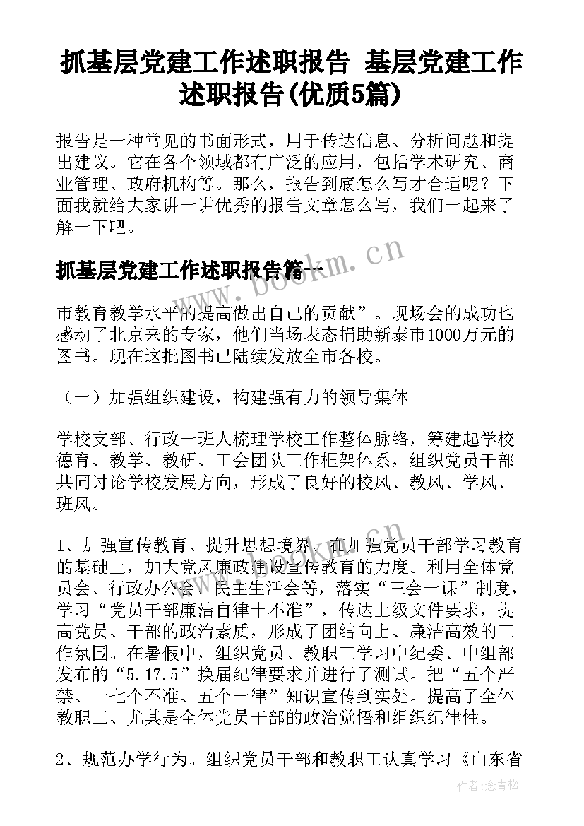 抓基层党建工作述职报告 基层党建工作述职报告(优质5篇)