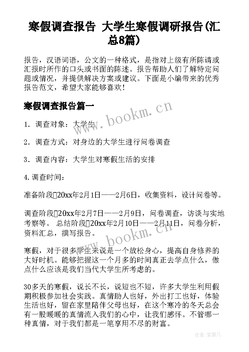 寒假调查报告 大学生寒假调研报告(汇总8篇)