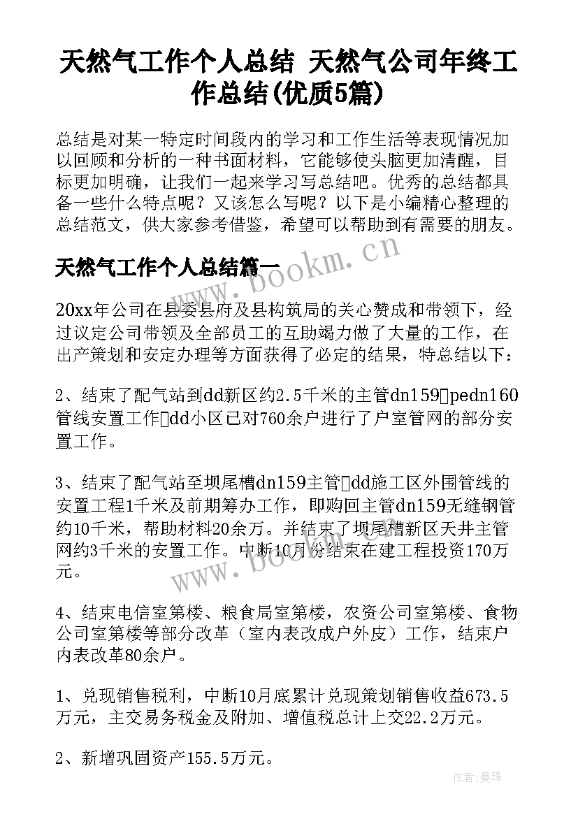 天然气工作个人总结 天然气公司年终工作总结(优质5篇)