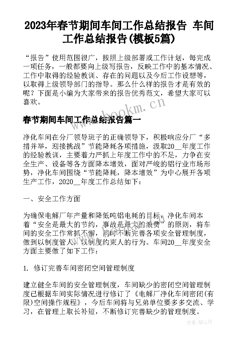 2023年春节期间车间工作总结报告 车间工作总结报告(模板5篇)