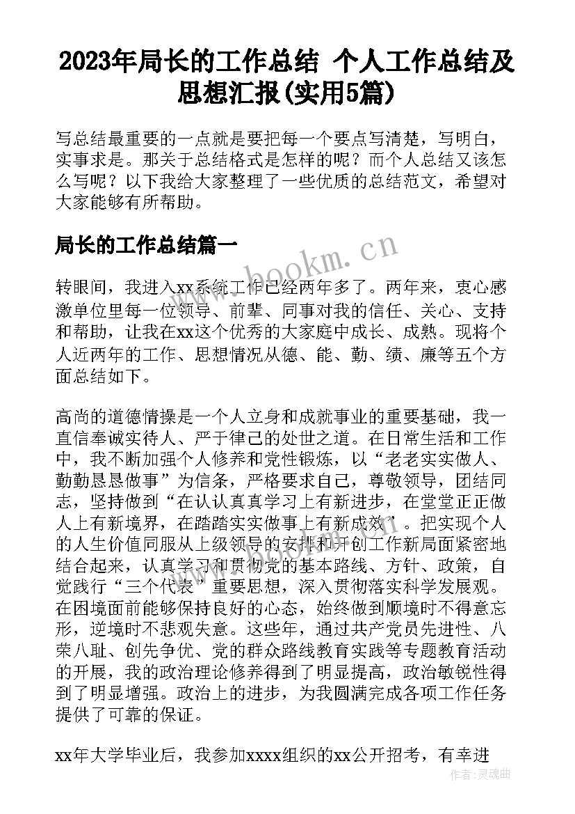 2023年局长的工作总结 个人工作总结及思想汇报(实用5篇)