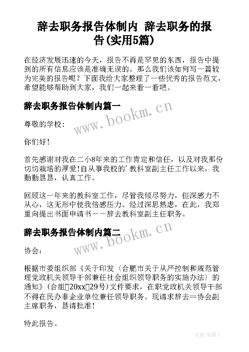 辞去职务报告体制内 辞去职务的报告(实用5篇)