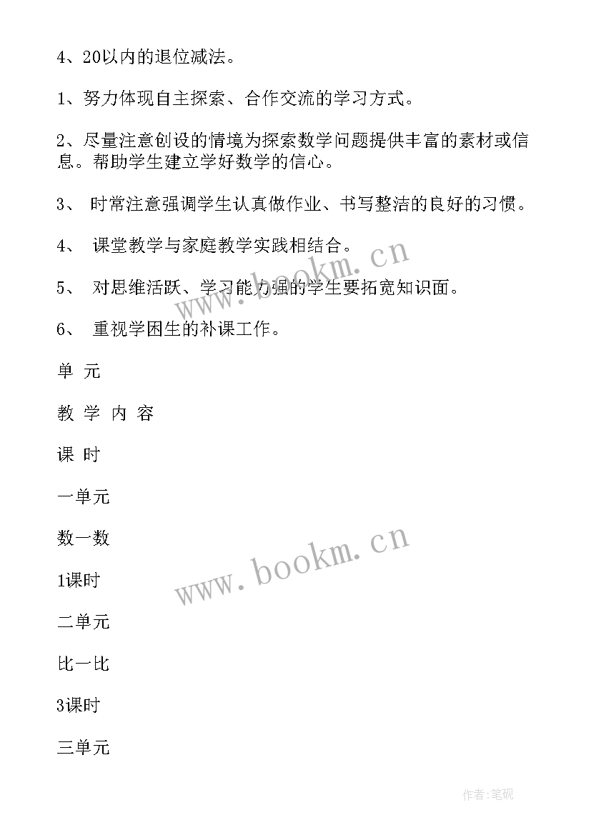 一年级数学教学计划及进度表苏教版(精选6篇)