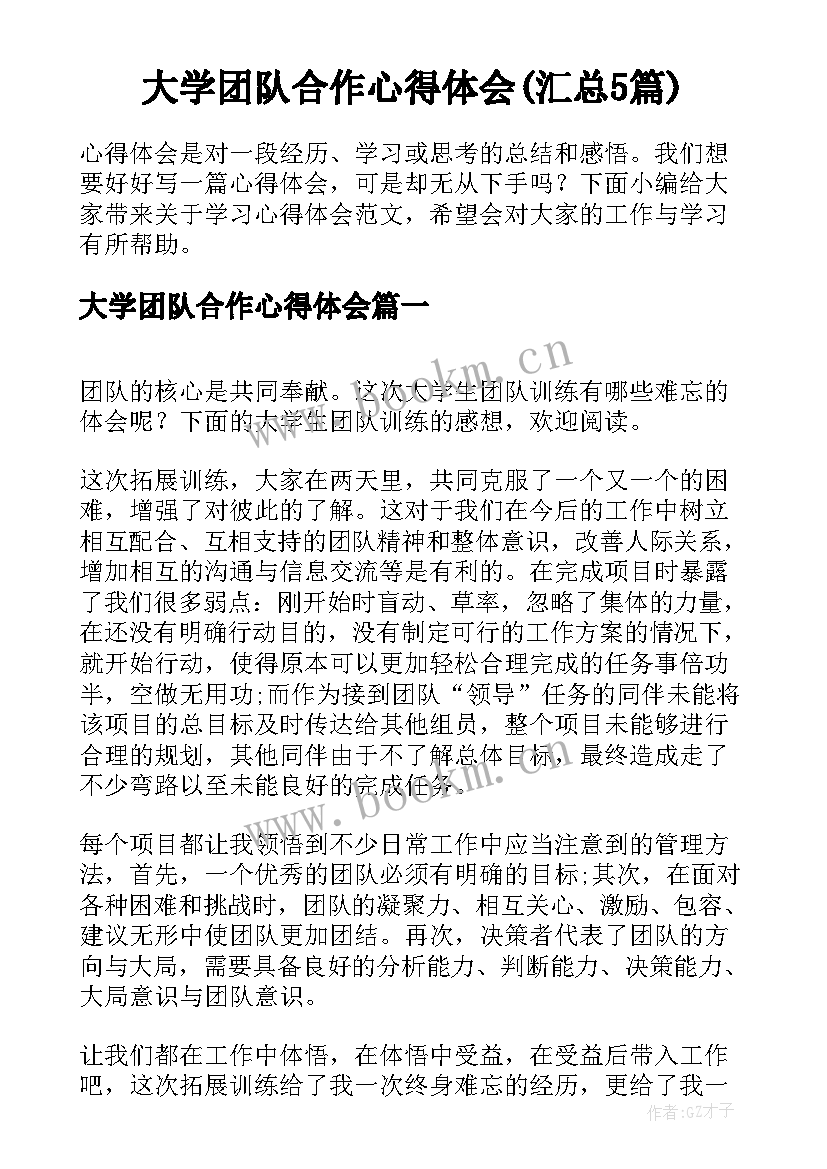 大学团队合作心得体会(汇总5篇)