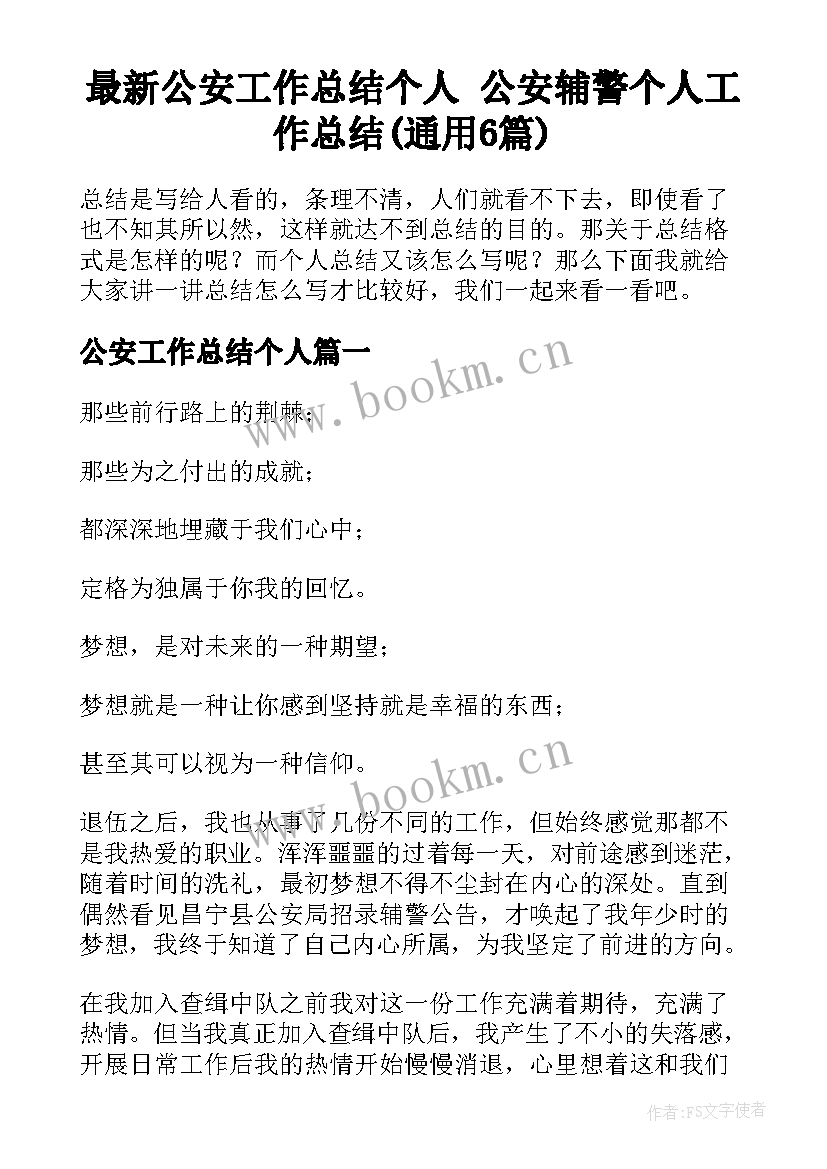 最新公安工作总结个人 公安辅警个人工作总结(通用6篇)