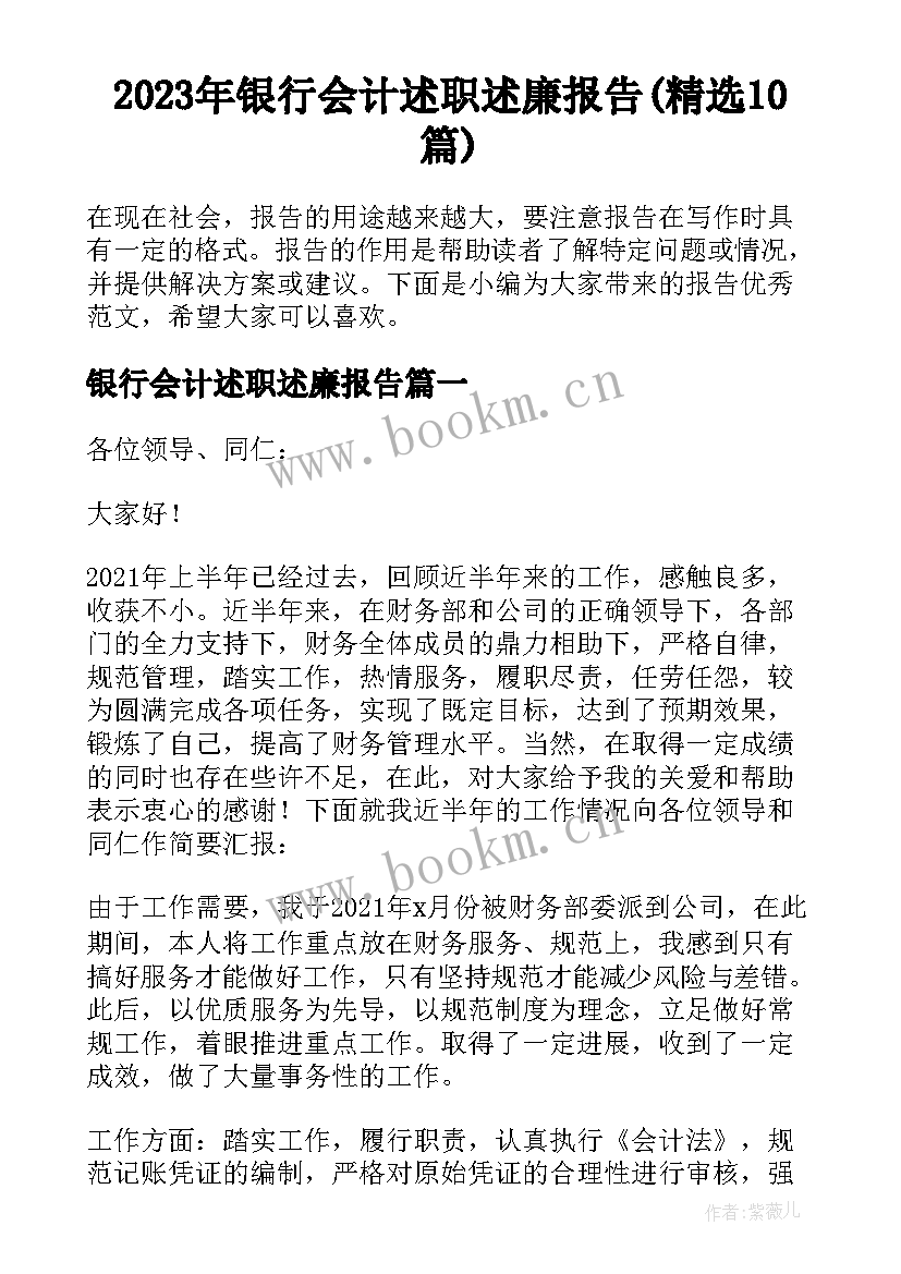 2023年银行会计述职述廉报告(精选10篇)