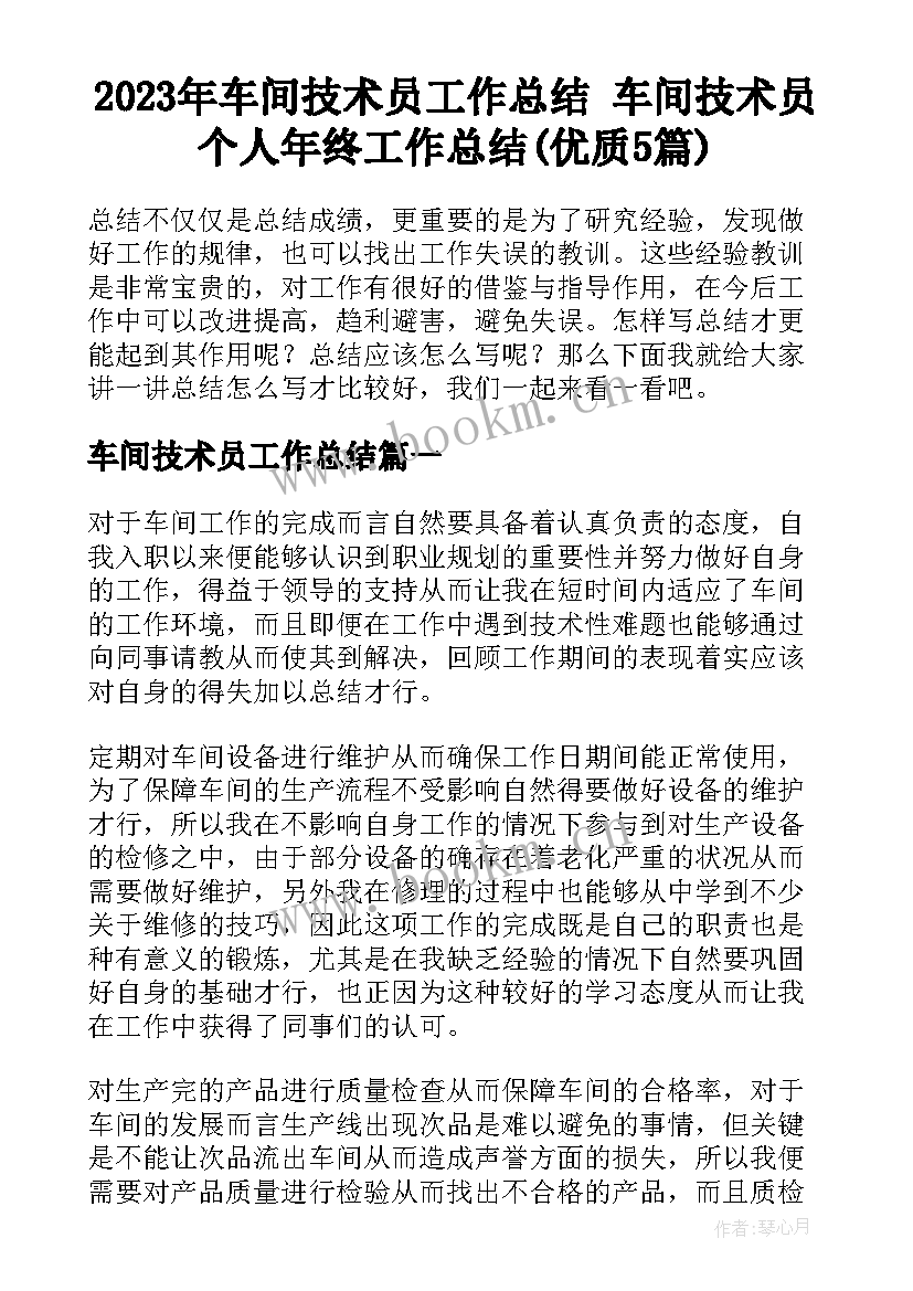 2023年车间技术员工作总结 车间技术员个人年终工作总结(优质5篇)