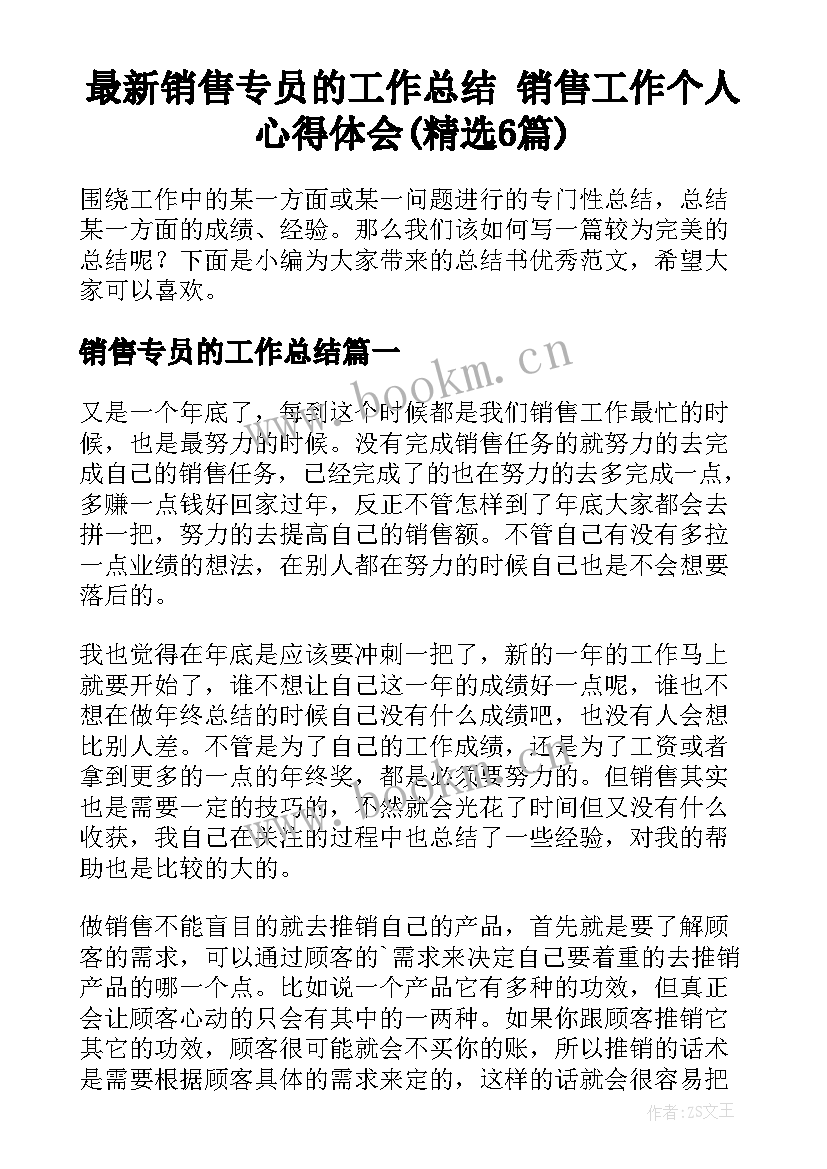 最新销售专员的工作总结 销售工作个人心得体会(精选6篇)