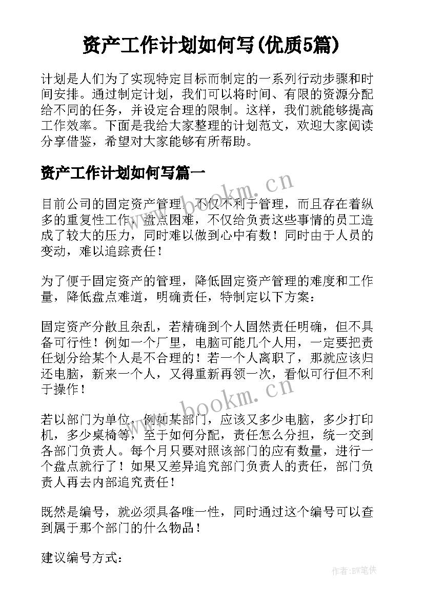 资产工作计划如何写(优质5篇)