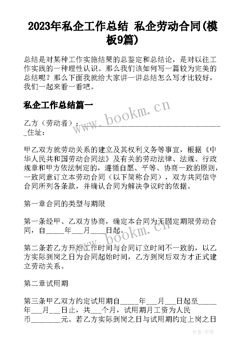 2023年私企工作总结 私企劳动合同(模板9篇)