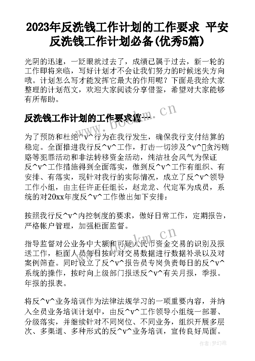 2023年反洗钱工作计划的工作要求 平安反洗钱工作计划必备(优秀5篇)