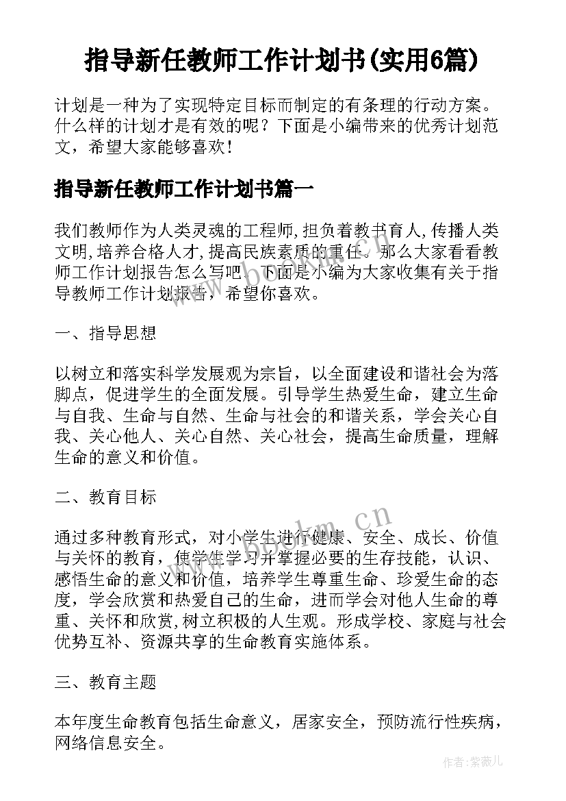 指导新任教师工作计划书(实用6篇)