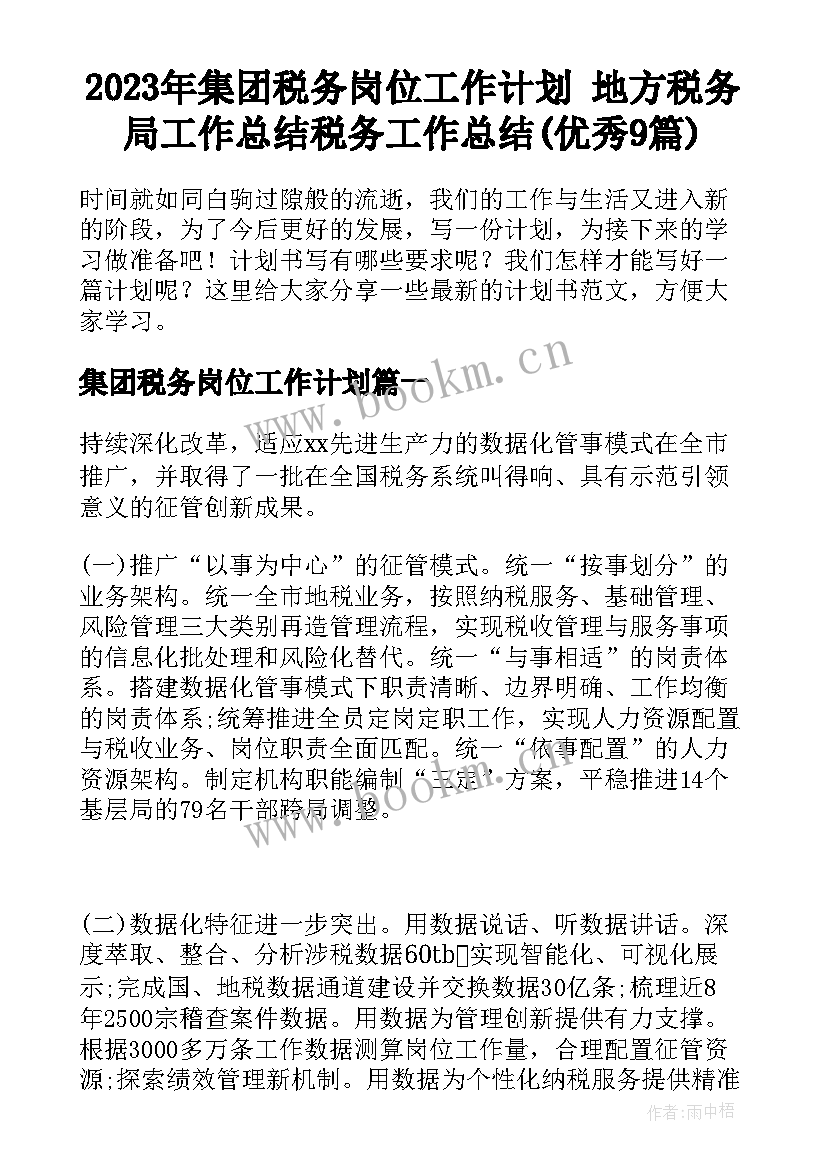 2023年集团税务岗位工作计划 地方税务局工作总结税务工作总结(优秀9篇)