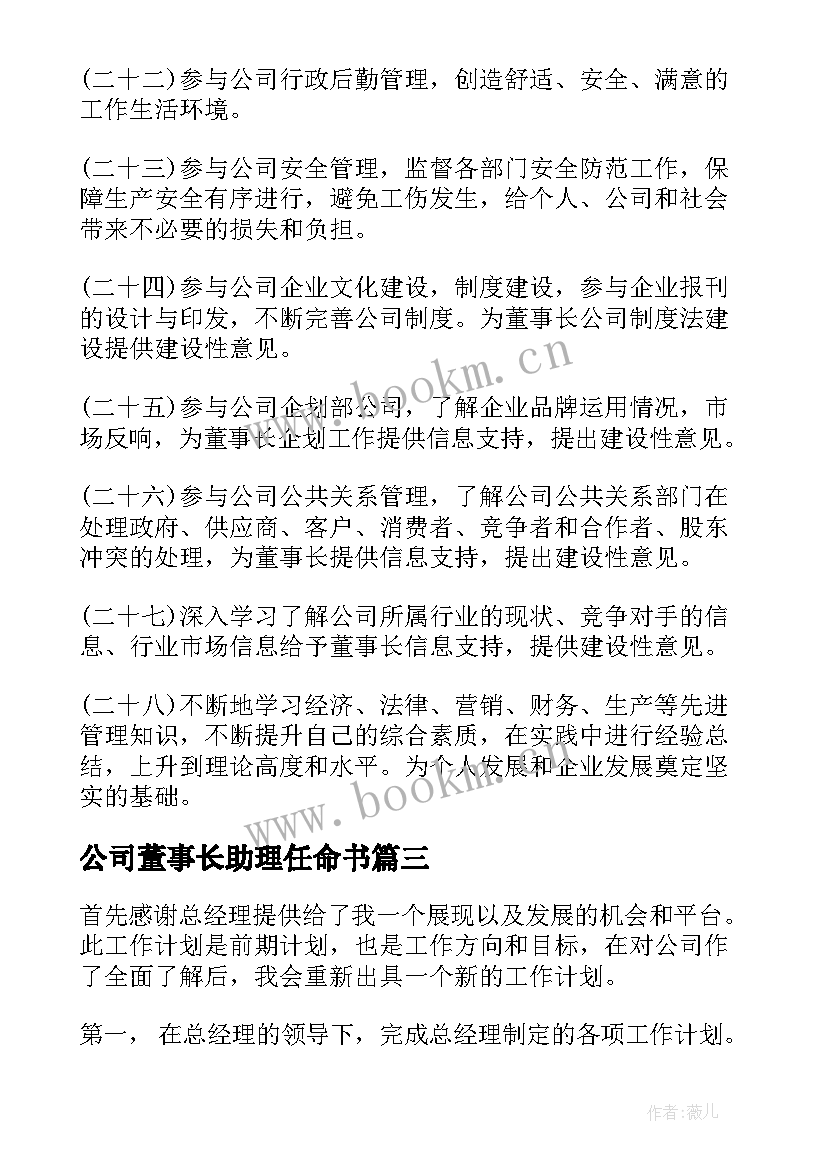 最新公司董事长助理任命书 公司董事长助理个人工作计划(汇总5篇)