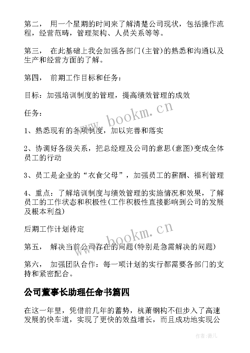 最新公司董事长助理任命书 公司董事长助理个人工作计划(汇总5篇)