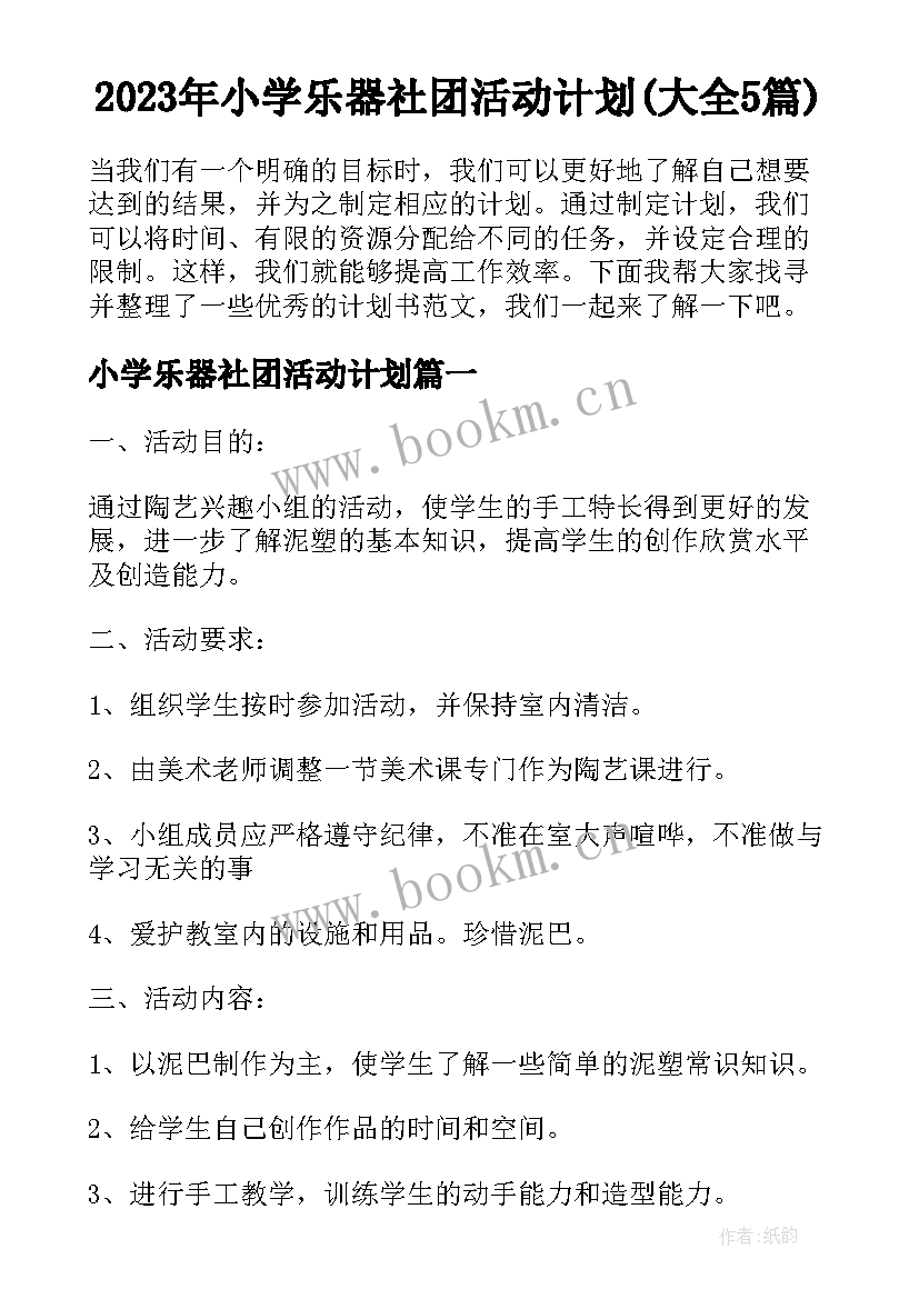 2023年小学乐器社团活动计划(大全5篇)