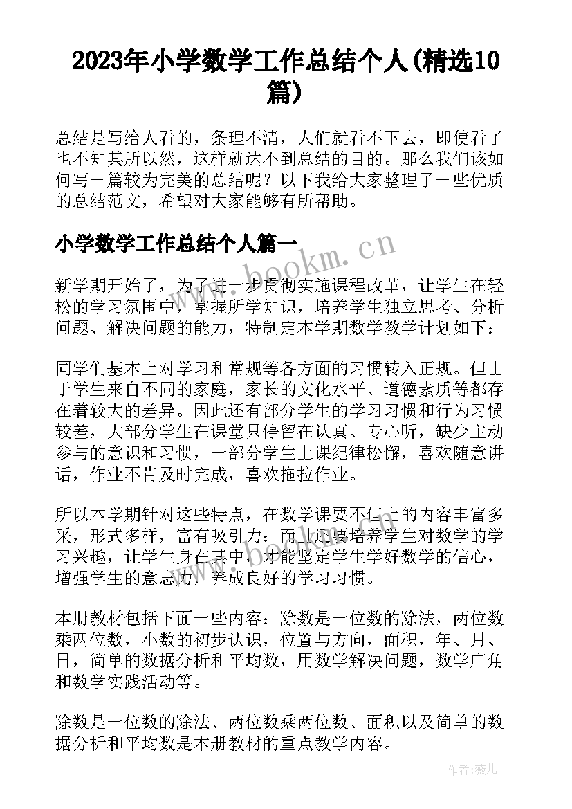 2023年小学数学工作总结个人(精选10篇)