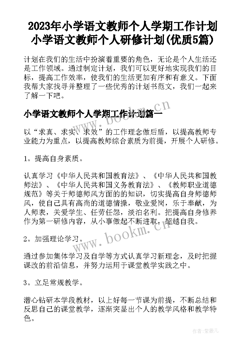 2023年小学语文教师个人学期工作计划 小学语文教师个人研修计划(优质5篇)