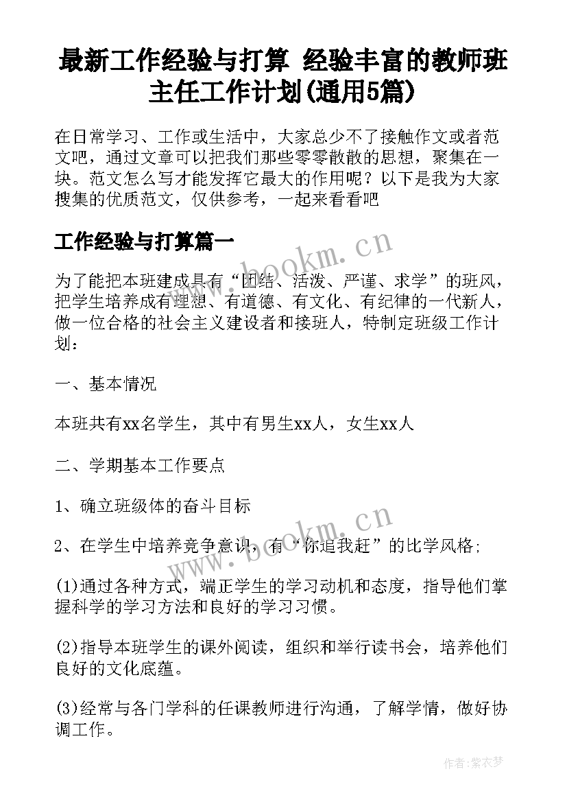 最新工作经验与打算 经验丰富的教师班主任工作计划(通用5篇)