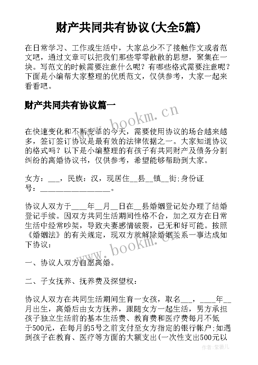 财产共同共有协议(大全5篇)