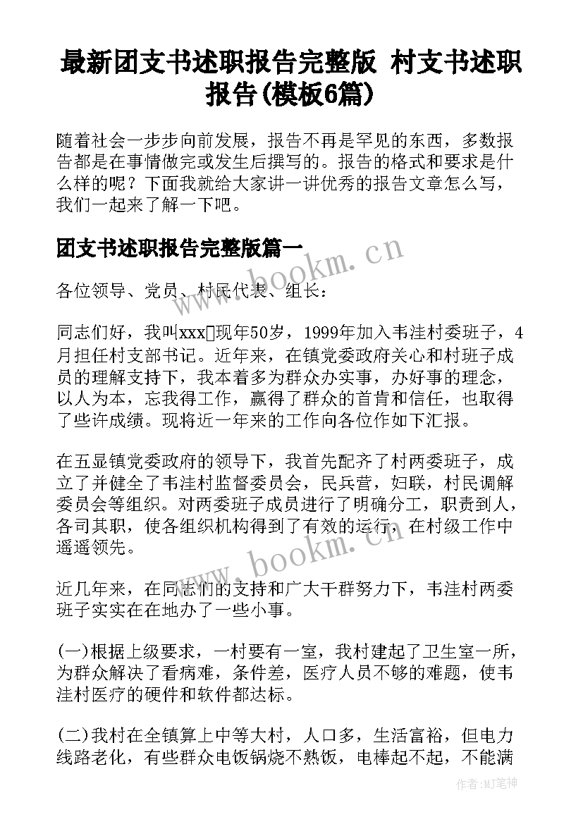 最新团支书述职报告完整版 村支书述职报告(模板6篇)