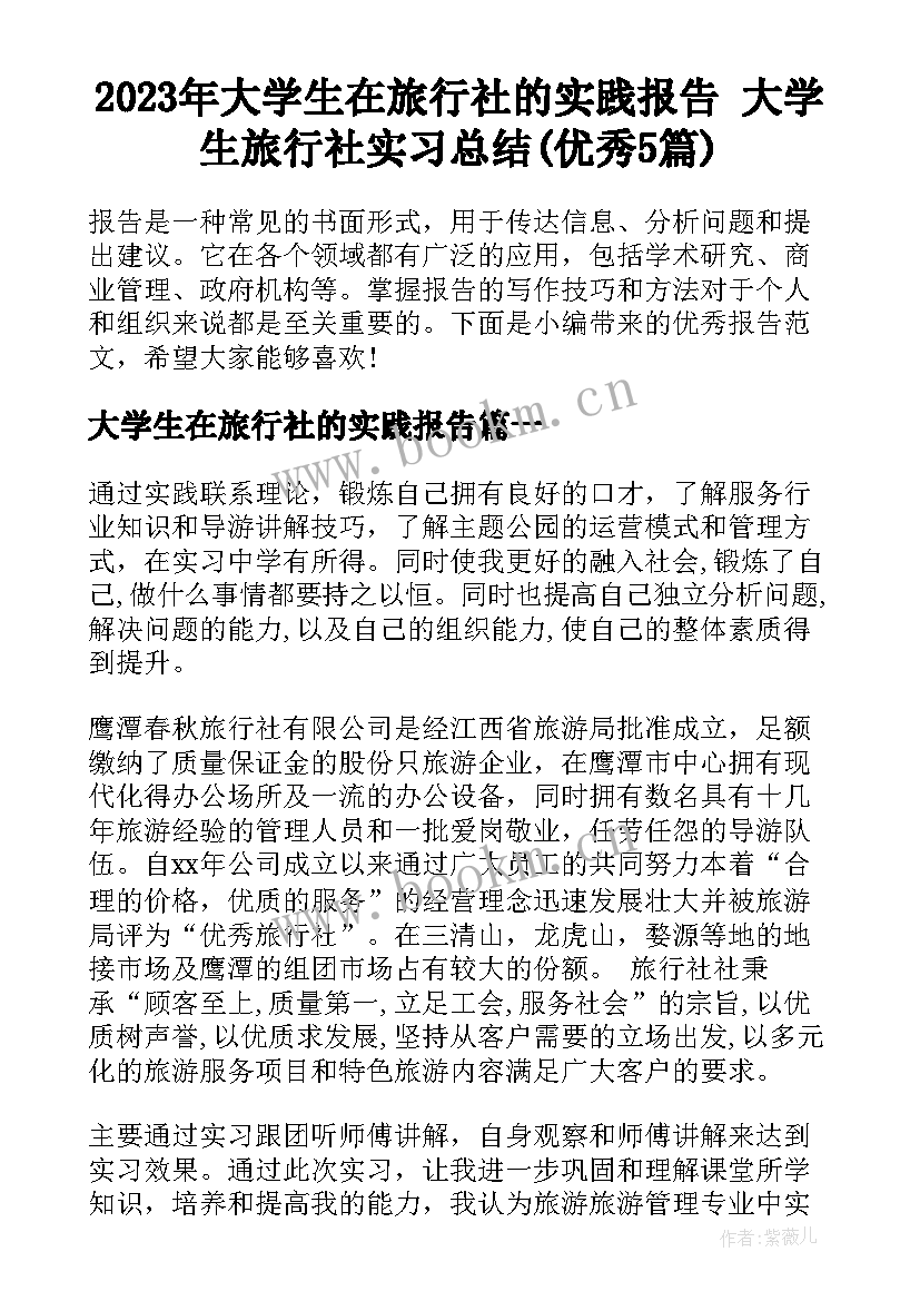 2023年大学生在旅行社的实践报告 大学生旅行社实习总结(优秀5篇)