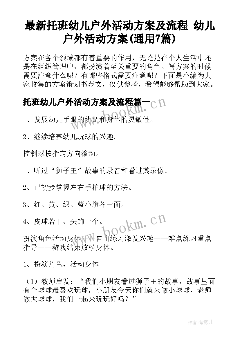 最新托班幼儿户外活动方案及流程 幼儿户外活动方案(通用7篇)