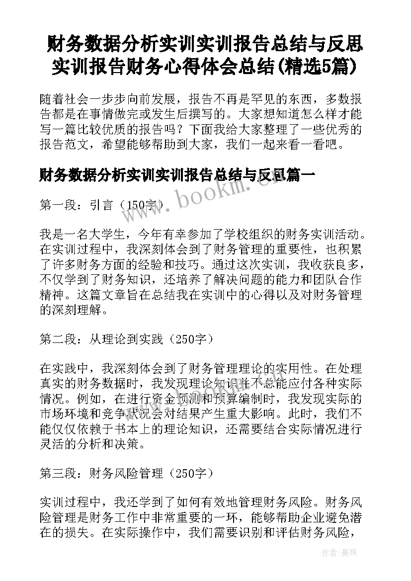 财务数据分析实训实训报告总结与反思 实训报告财务心得体会总结(精选5篇)