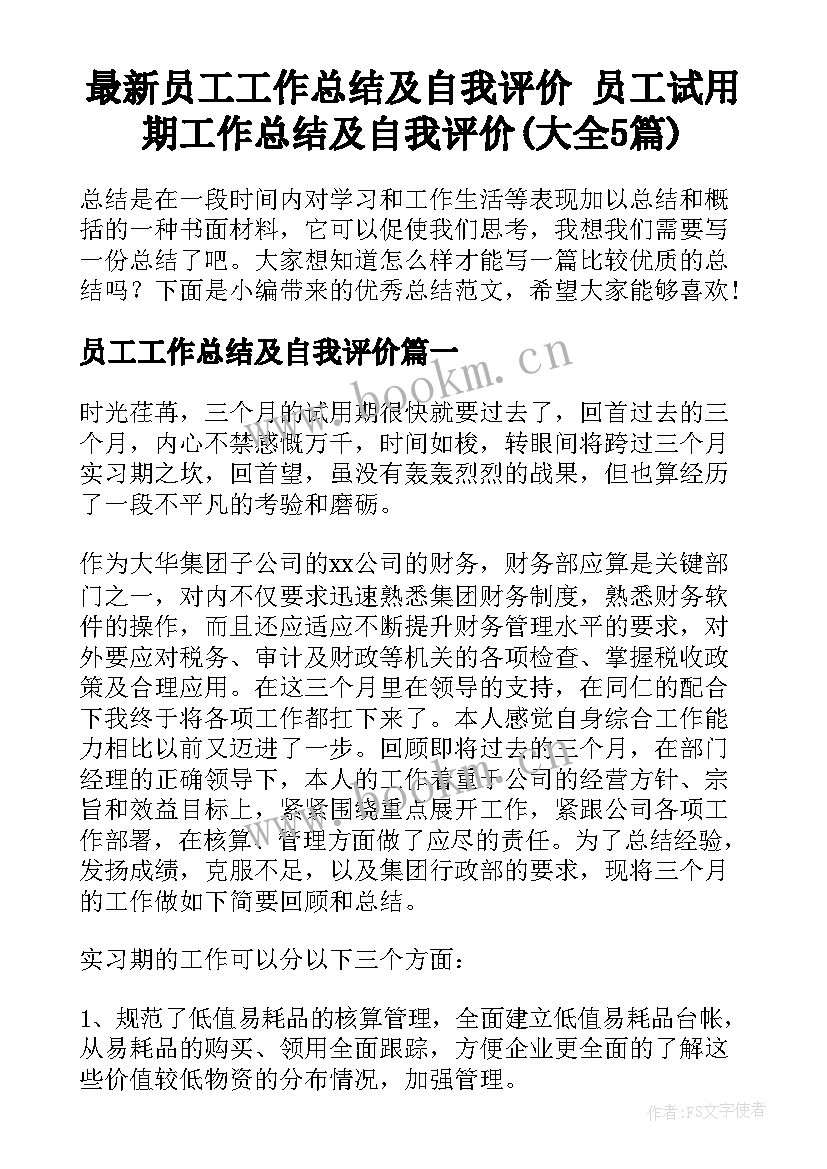 最新员工工作总结及自我评价 员工试用期工作总结及自我评价(大全5篇)