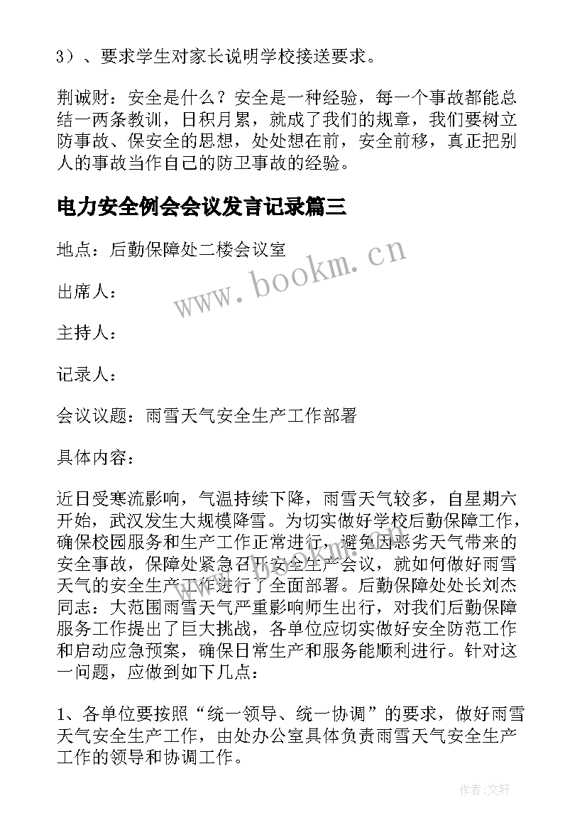 2023年电力安全例会会议发言记录 安全会议记录内容(优秀9篇)