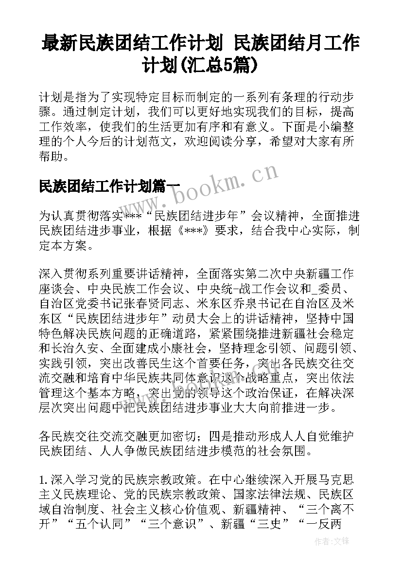 最新民族团结工作计划 民族团结月工作计划(汇总5篇)