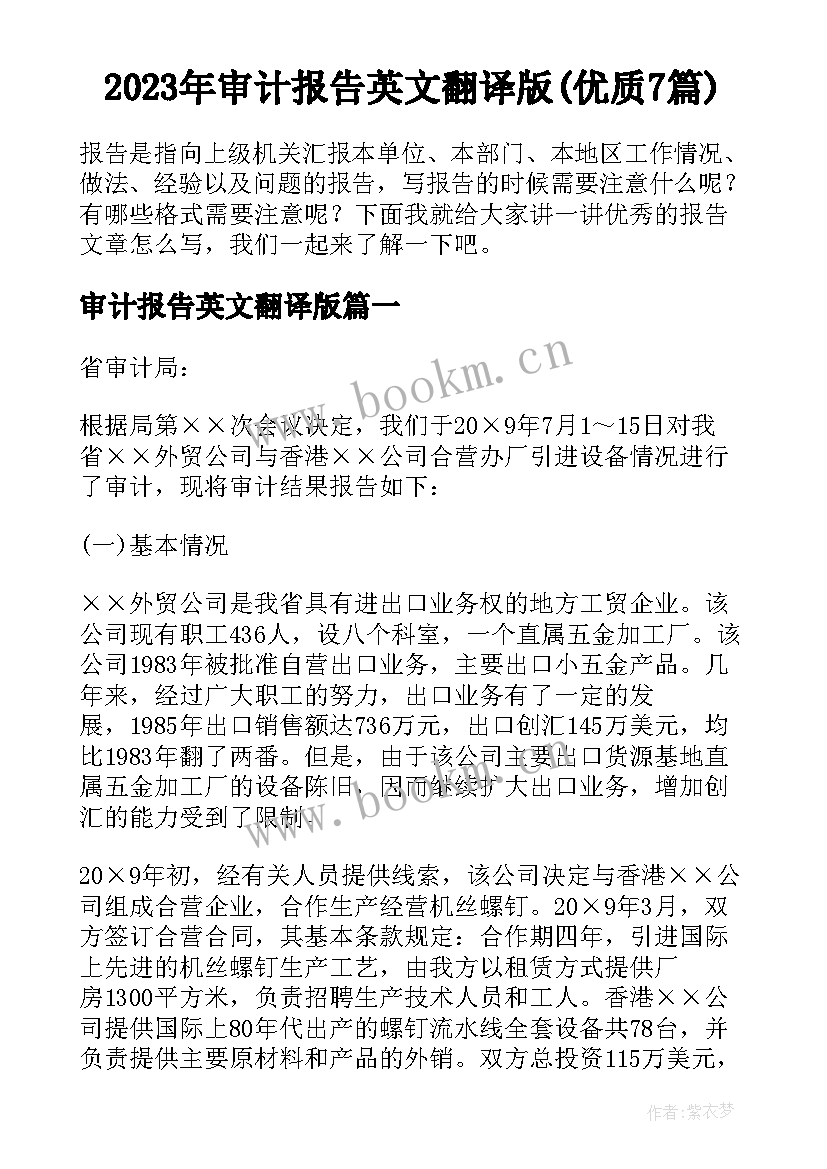 2023年审计报告英文翻译版(优质7篇)