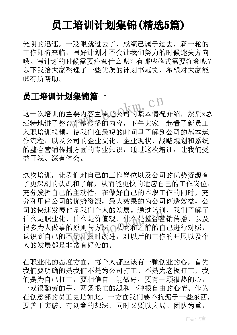 员工培训计划集锦(精选5篇)