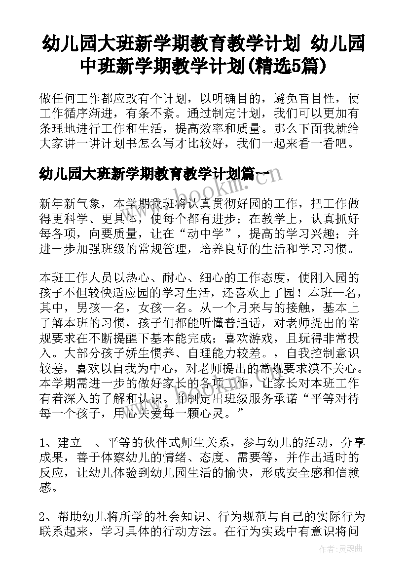 幼儿园大班新学期教育教学计划 幼儿园中班新学期教学计划(精选5篇)