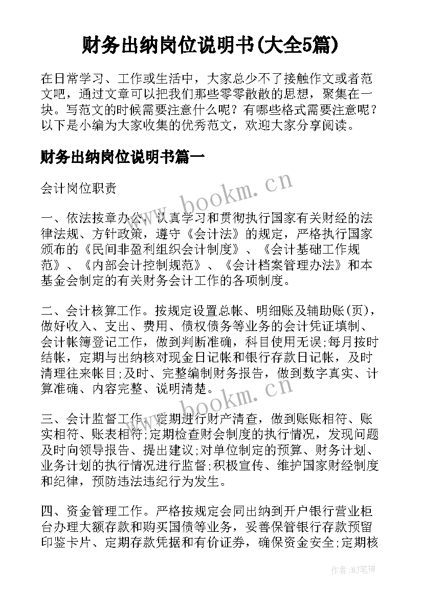 财务出纳岗位说明书(大全5篇)