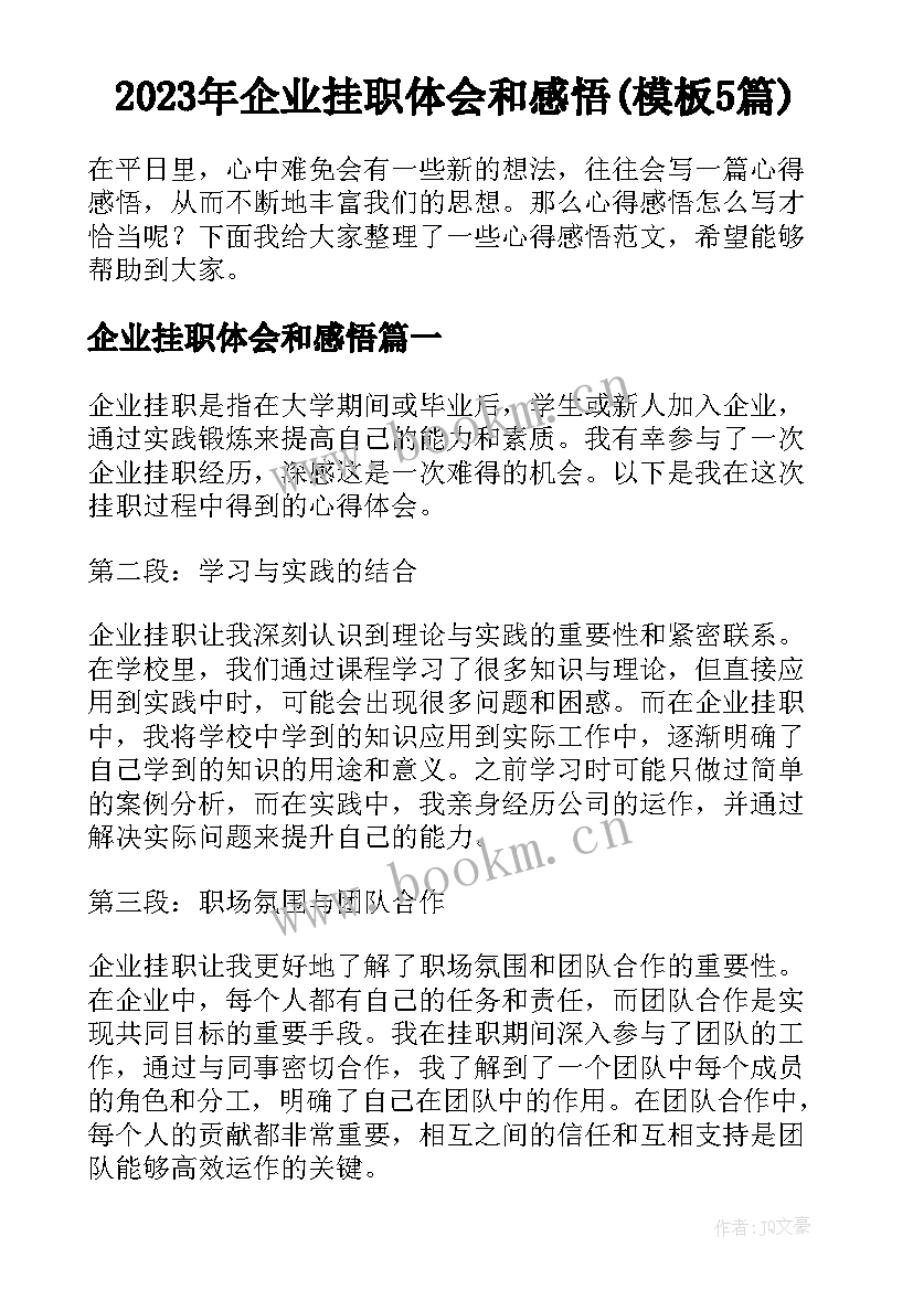 2023年企业挂职体会和感悟(模板5篇)