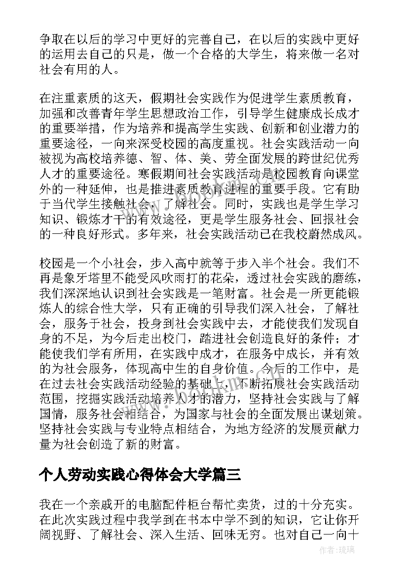 2023年个人劳动实践心得体会大学(优秀5篇)