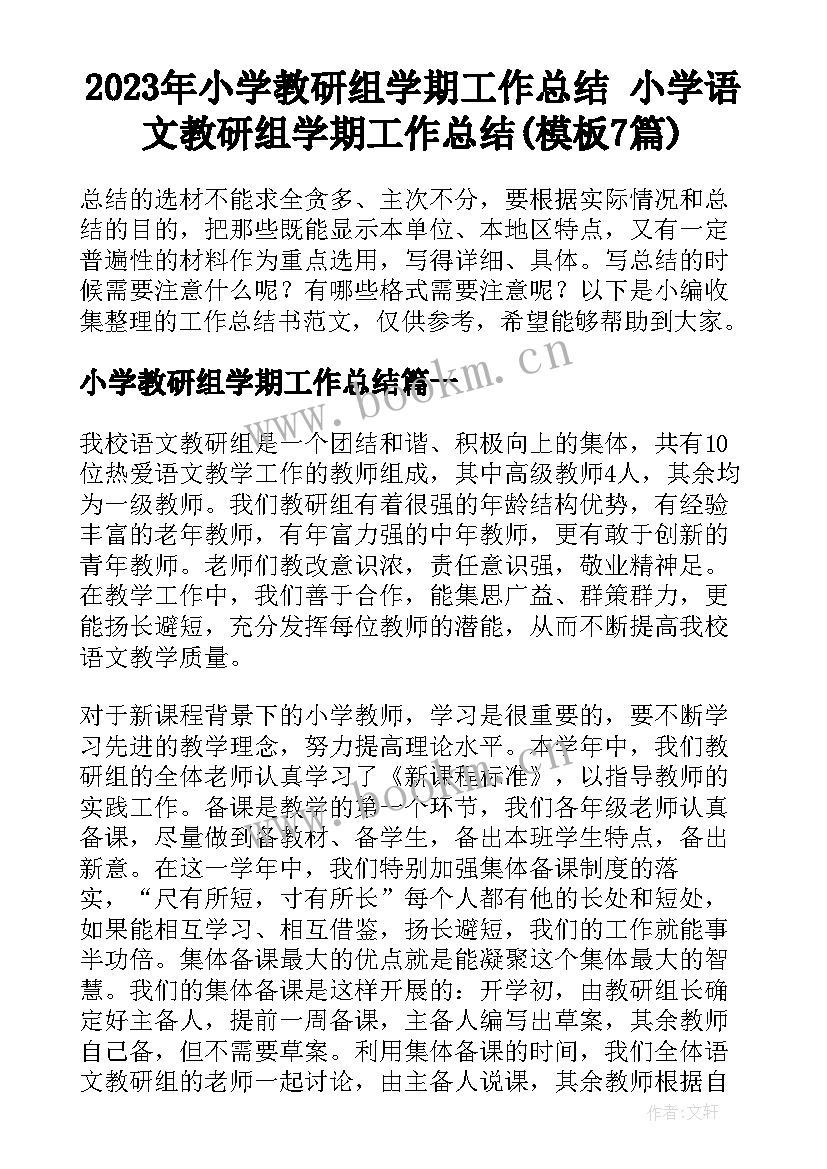 2023年小学教研组学期工作总结 小学语文教研组学期工作总结(模板7篇)