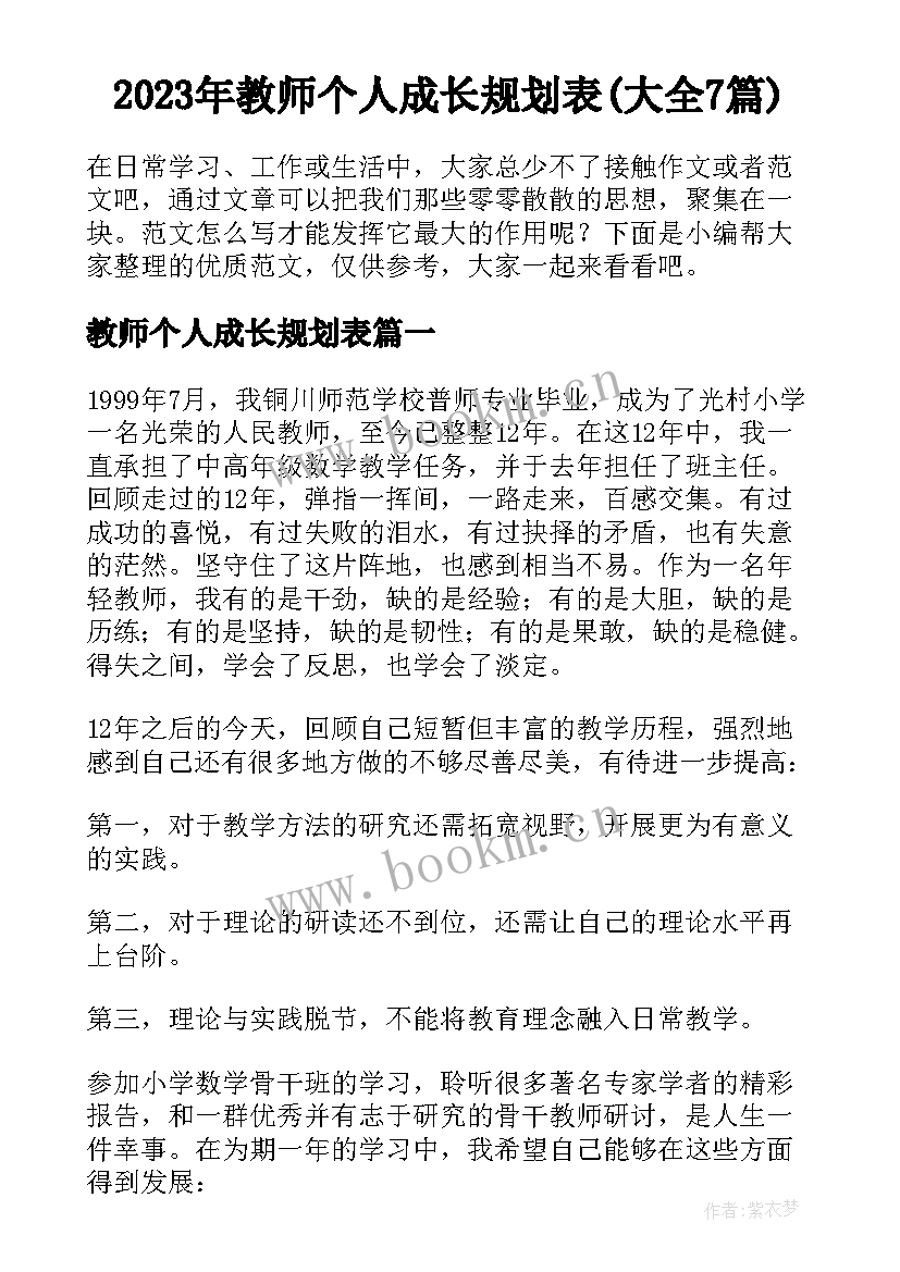 2023年教师个人成长规划表(大全7篇)