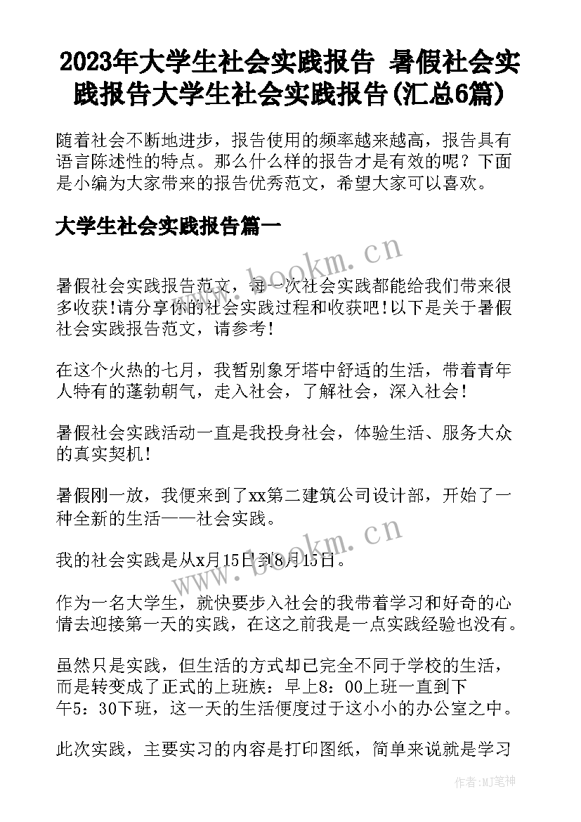 2023年大学生社会实践报告 暑假社会实践报告大学生社会实践报告(汇总6篇)