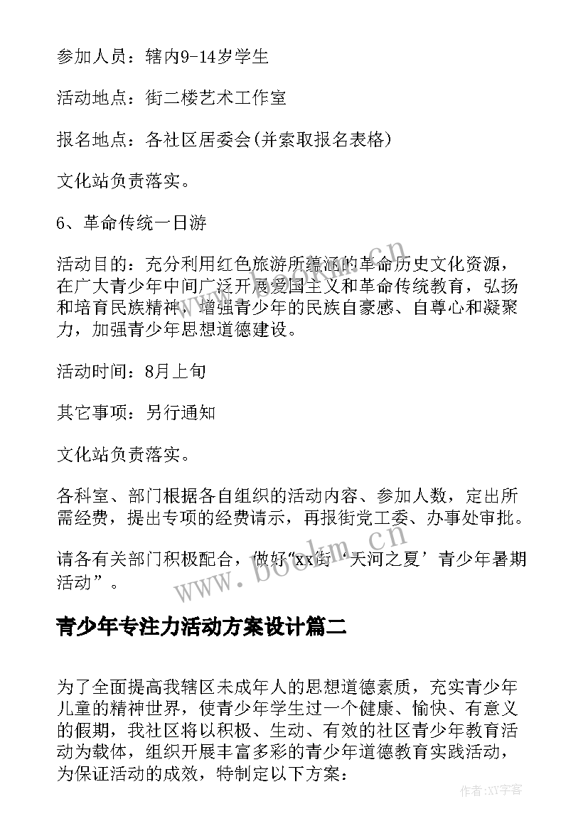 青少年专注力活动方案设计 青少年活动方案(优质6篇)