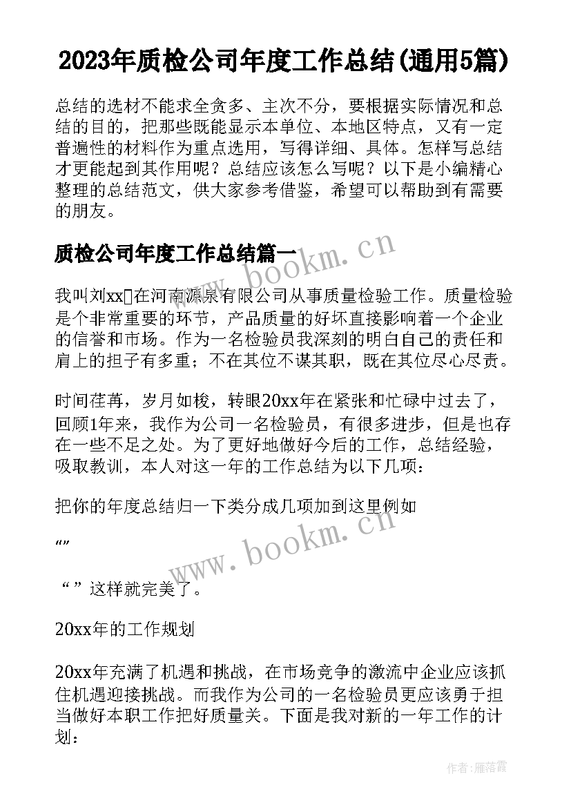 2023年质检公司年度工作总结(通用5篇)