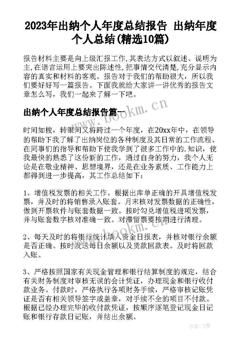 2023年出纳个人年度总结报告 出纳年度个人总结(精选10篇)