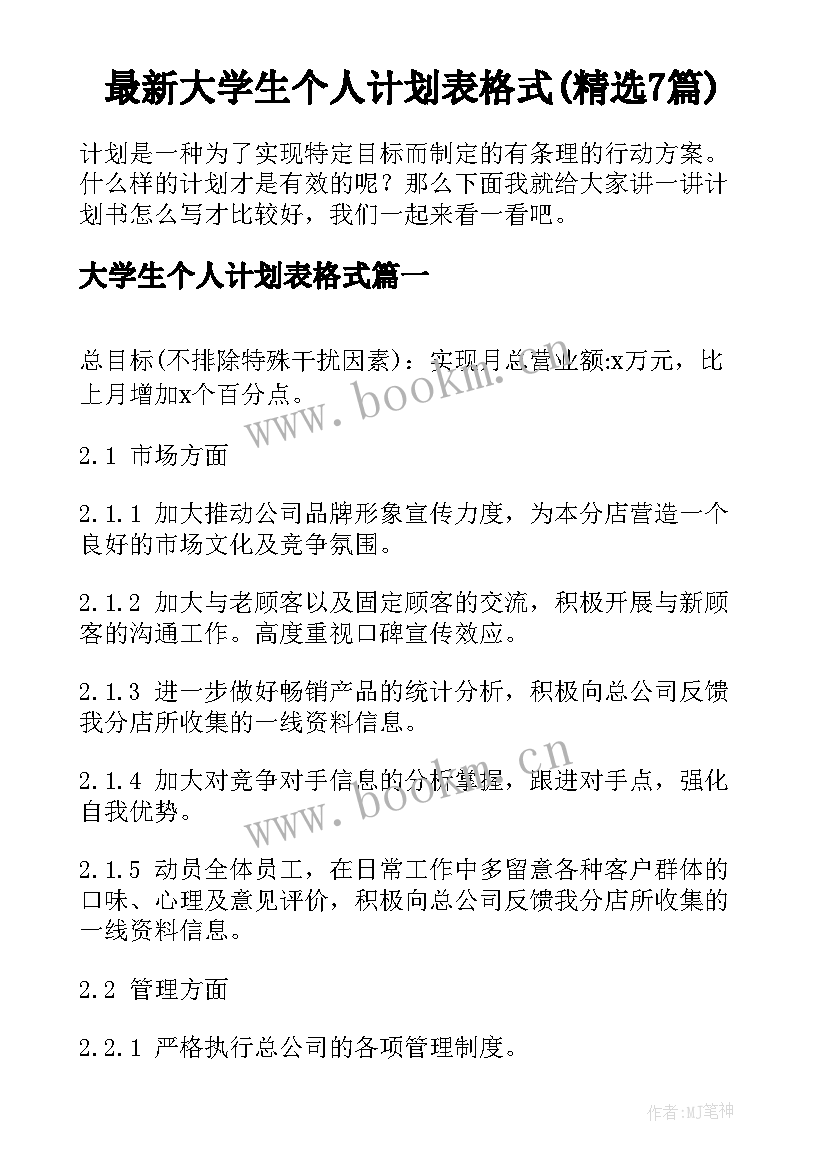 最新大学生个人计划表格式(精选7篇)