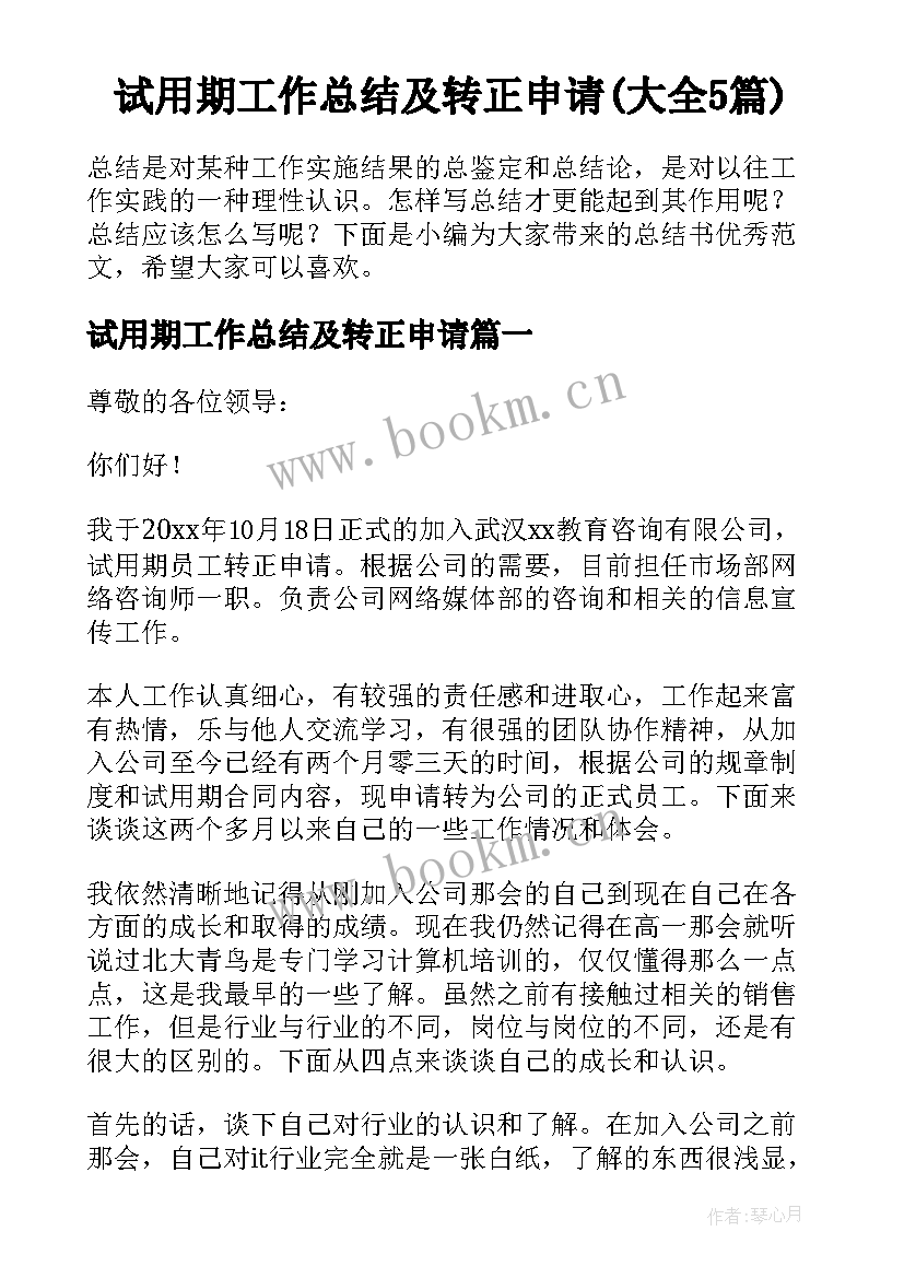 试用期工作总结及转正申请(大全5篇)