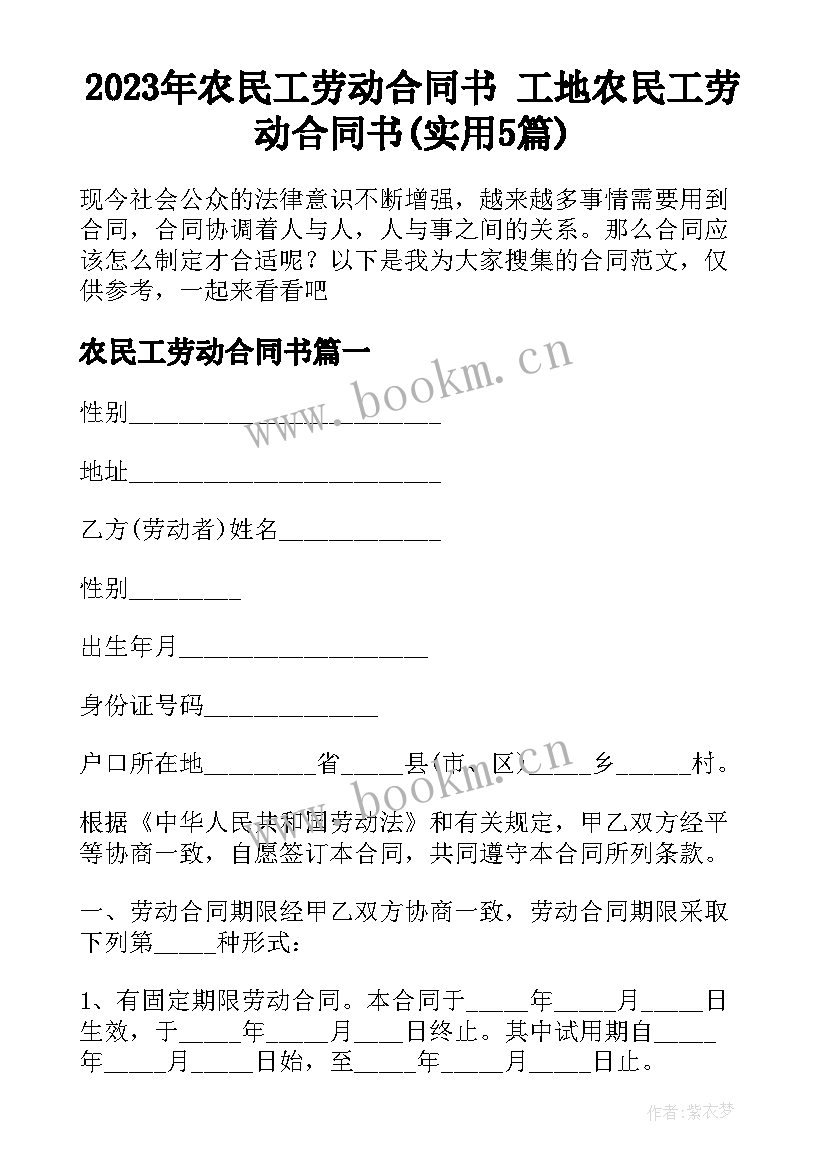 2023年农民工劳动合同书 工地农民工劳动合同书(实用5篇)