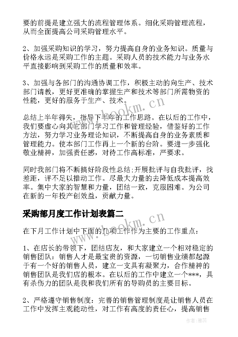 2023年采购部月度工作计划表(汇总8篇)